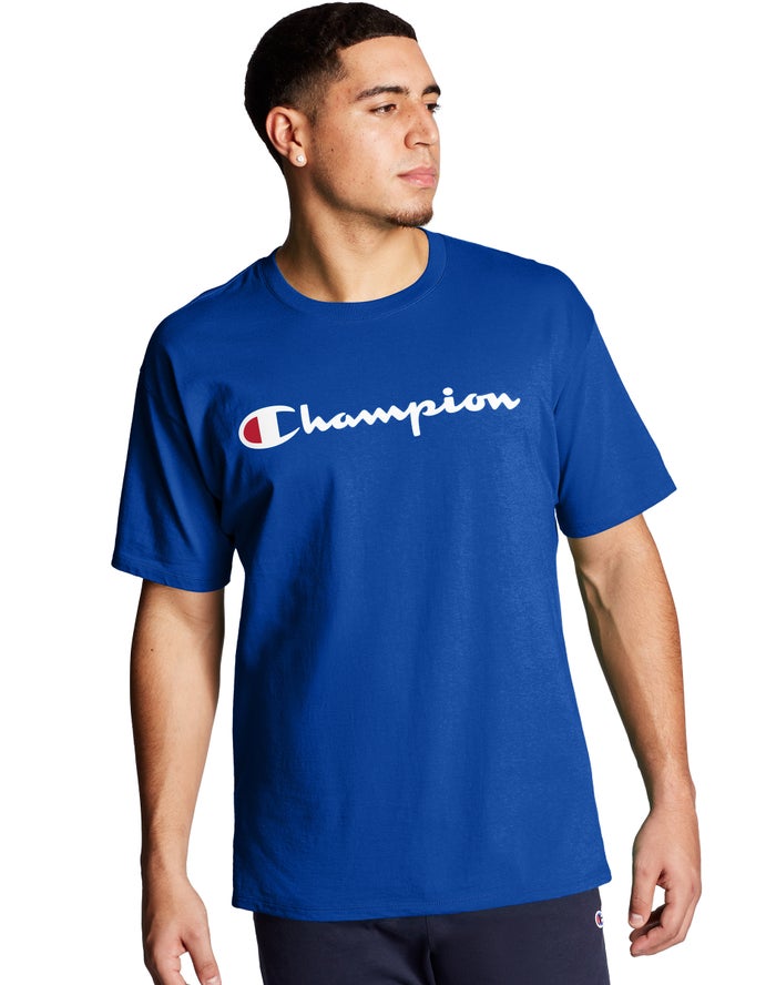 Champion Classic Jersey Script Logo Erkek Tişört Mavi ( CTXQDV784 )